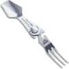 This lightweight stainless steel eating utensil gets the job done while taking up minimal space. The folding design swings open and locks securely revealing a fullsize fork and spoon with a serrated f...